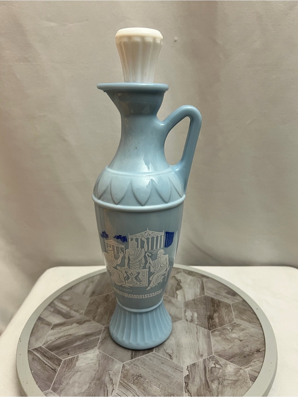 Vintage Grecian Blue Glass Decanter Carafe With Stopper Plato Aristotle Socrates